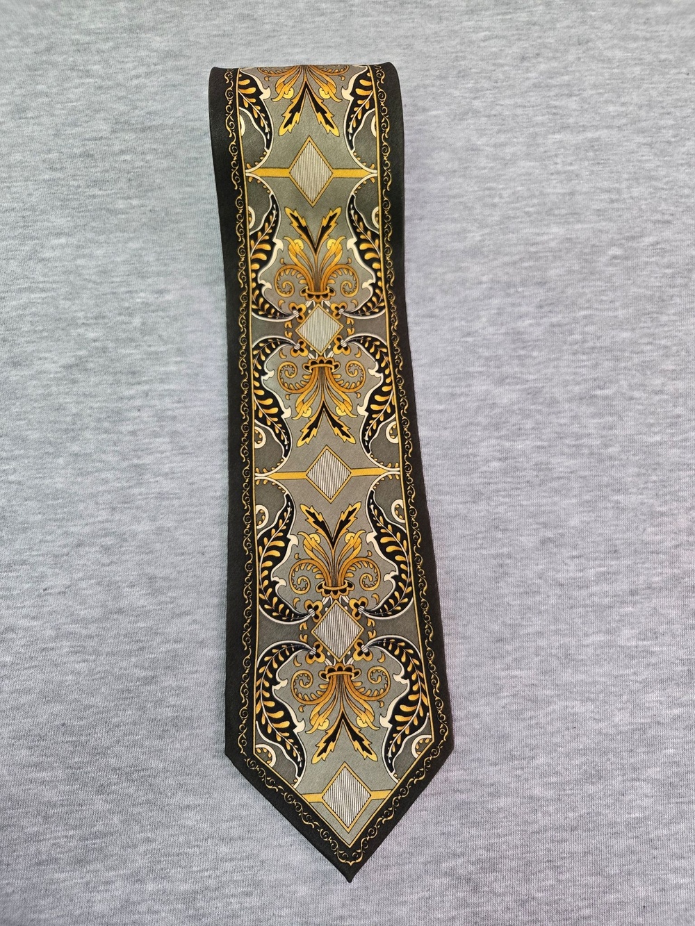 Versailles Tie Mens One Size Gray Silk Baroque Floral Print Satin Necktie